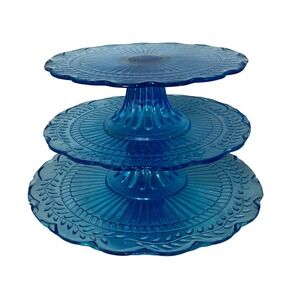 Blue‎ Glass 3 Tier Serving Stand Dessert Cupcake Display Pedestal Plate